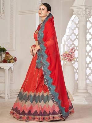Red & Green Embroidered Thread Work Semi-Stitched Lehenga & Unstitched Blouse With Dupatta 4