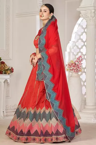 Red & Green Embroidered Thread Work Semi-Stitched Lehenga & Unstitched Blouse With Dupatta