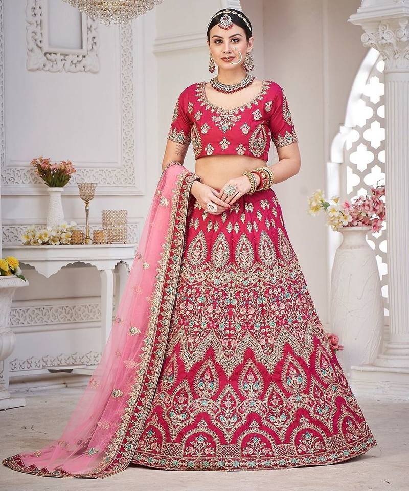 Maroon & Gold-Toned Embroidered Semi-Stitched Lehenga & Unstitched Blouse