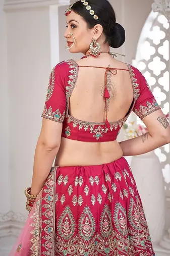 Maroon & Gold-Toned Embroidered Semi-Stitched Lehenga & Unstitched Blouse