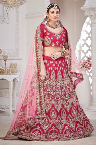 Maroon & Gold-Toned Embroidered Semi-Stitched Lehenga & Unstitched Blouse