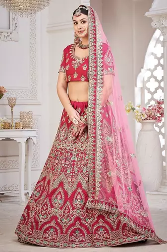 Maroon & Gold-Toned Embroidered Semi-Stitched Lehenga & Unstitched Blouse