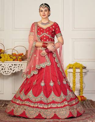 Maroon & Gold-Toned Embroidered Thread Work Semi-Stitched Lehenga & Unstitched Blouse With 1