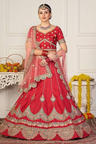 Maroon & Gold-Toned Embroidered Thread Work Semi-Stitched Lehenga & Unstitched Blouse With