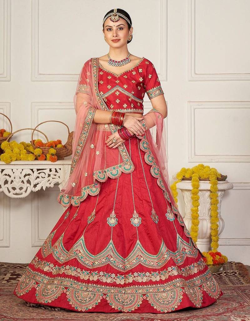 Maroon & Gold-Toned Embroidered Thread Work Semi-Stitched Lehenga & Unstitched Blouse With