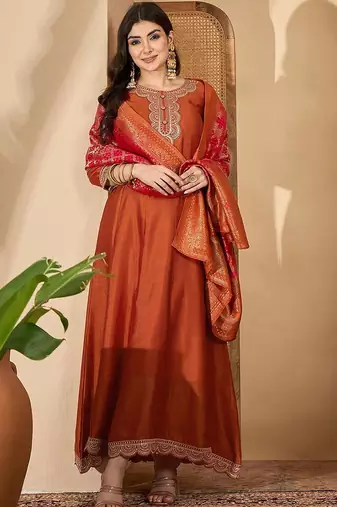 Orange vichitra zari sequence thread cording embroidered gown