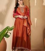 Orange vichitra zari sequence thread cording embroidered gown