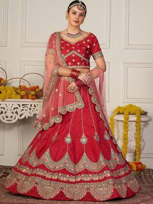 Maroon & Gold-Toned Embroidered Thread Work Semi-Stitched Lehenga & Unstitched Blouse With 4