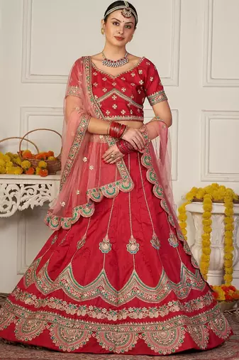 Maroon & Gold-Toned Embroidered Thread Work Semi-Stitched Lehenga & Unstitched Blouse With
