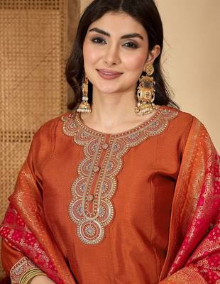 Orange vichitra zari sequence thread cording embroidered gown 2