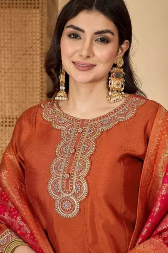Orange vichitra zari sequence thread cording embroidered gown
