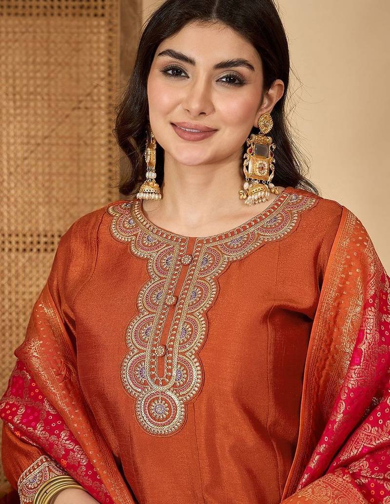 Orange vichitra zari sequence thread cording embroidered gown