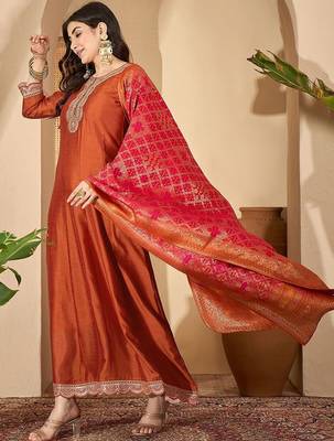 Orange vichitra zari sequence thread cording embroidered gown 3