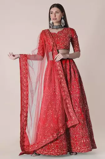 Women Red Embroidered Semi-Stitched Lehenga & Unstitched Blouse With Dupatta