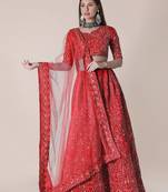 Women Red Embroidered Semi-Stitched Lehenga & Unstitched Blouse With Dupatta