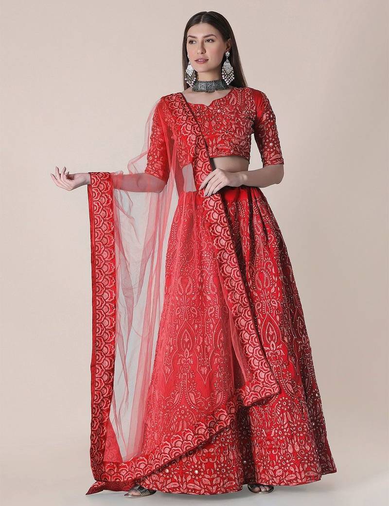 Women Red Embroidered Semi-Stitched Lehenga & Unstitched Blouse With Dupatta