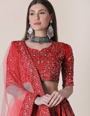 Women Red Embroidered Semi-Stitched Lehenga & Unstitched Blouse With Dupatta 2