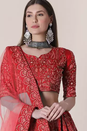 Women Red Embroidered Semi-Stitched Lehenga & Unstitched Blouse With Dupatta
