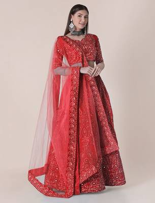Women Red Embroidered Semi-Stitched Lehenga & Unstitched Blouse With Dupatta 3