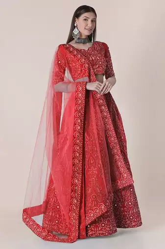 Women Red Embroidered Semi-Stitched Lehenga & Unstitched Blouse With Dupatta