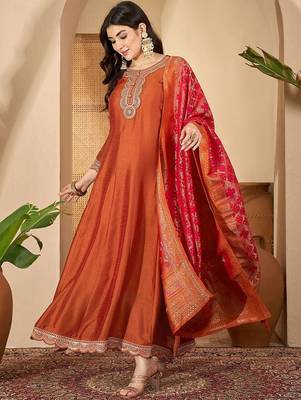 Orange vichitra zari sequence thread cording embroidered gown 5