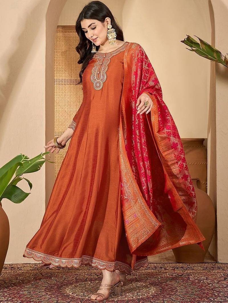 Orange vichitra zari sequence thread cording embroidered gown