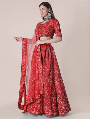 Women Red Embroidered Semi-Stitched Lehenga & Unstitched Blouse With Dupatta 4