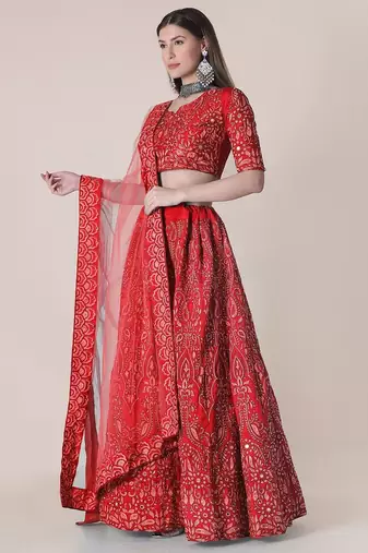 Women Red Embroidered Semi-Stitched Lehenga & Unstitched Blouse With Dupatta