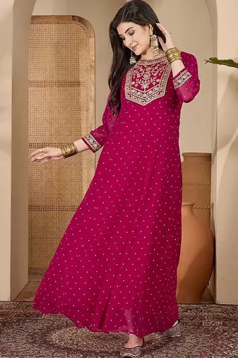 Women dark pink embroidered round neck georgette zari sequence dress