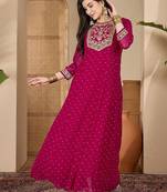 Women dark pink embroidered round neck georgette zari sequence dress