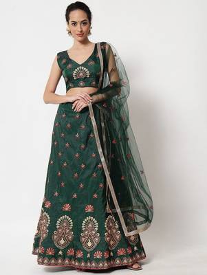 Green & Maroon Embroidered Thread Work Semi-Stitched Lehenga & Unstitched Blouse With Dupatta 1
