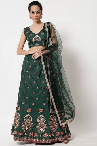 Green & Maroon Embroidered Thread Work Semi-Stitched Lehenga & Unstitched Blouse With Dupatta