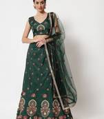 Green & Maroon Embroidered Thread Work Semi-Stitched Lehenga & Unstitched Blouse With Dupatta