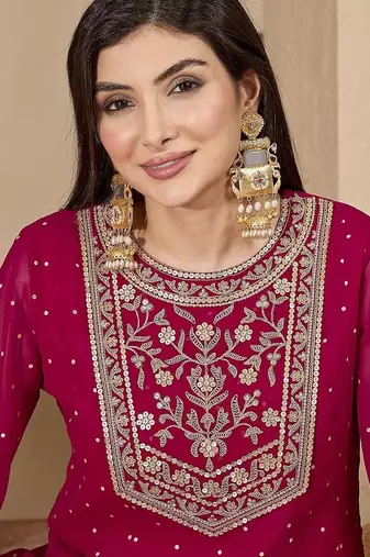 Women dark pink embroidered round neck georgette zari sequence dress