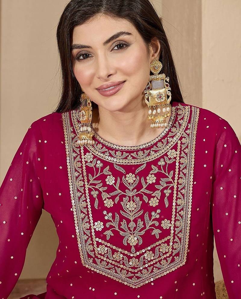 Women dark pink embroidered round neck georgette zari sequence dress