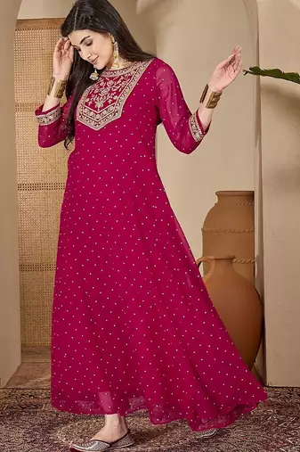 Women dark pink embroidered round neck georgette zari sequence dress