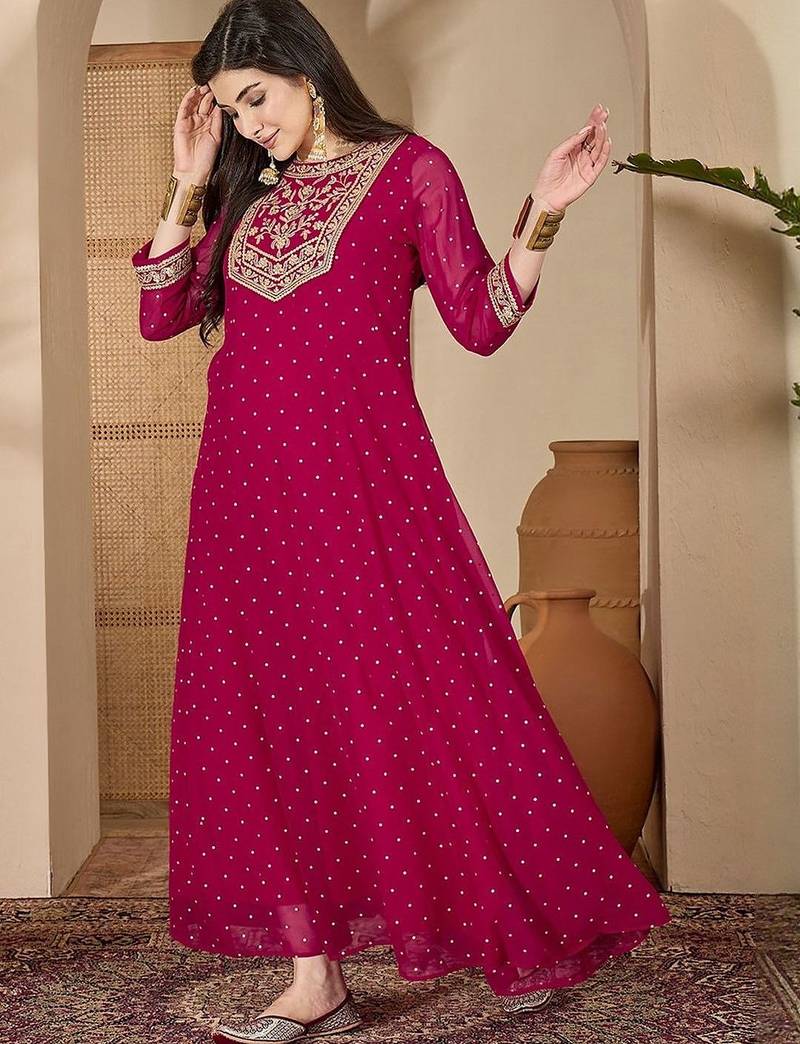 Women dark pink embroidered round neck georgette zari sequence dress