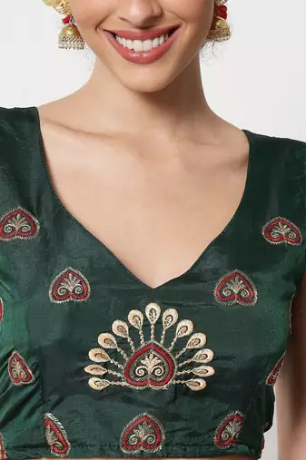 Green & Maroon Embroidered Thread Work Semi-Stitched Lehenga & Unstitched Blouse With Dupatta