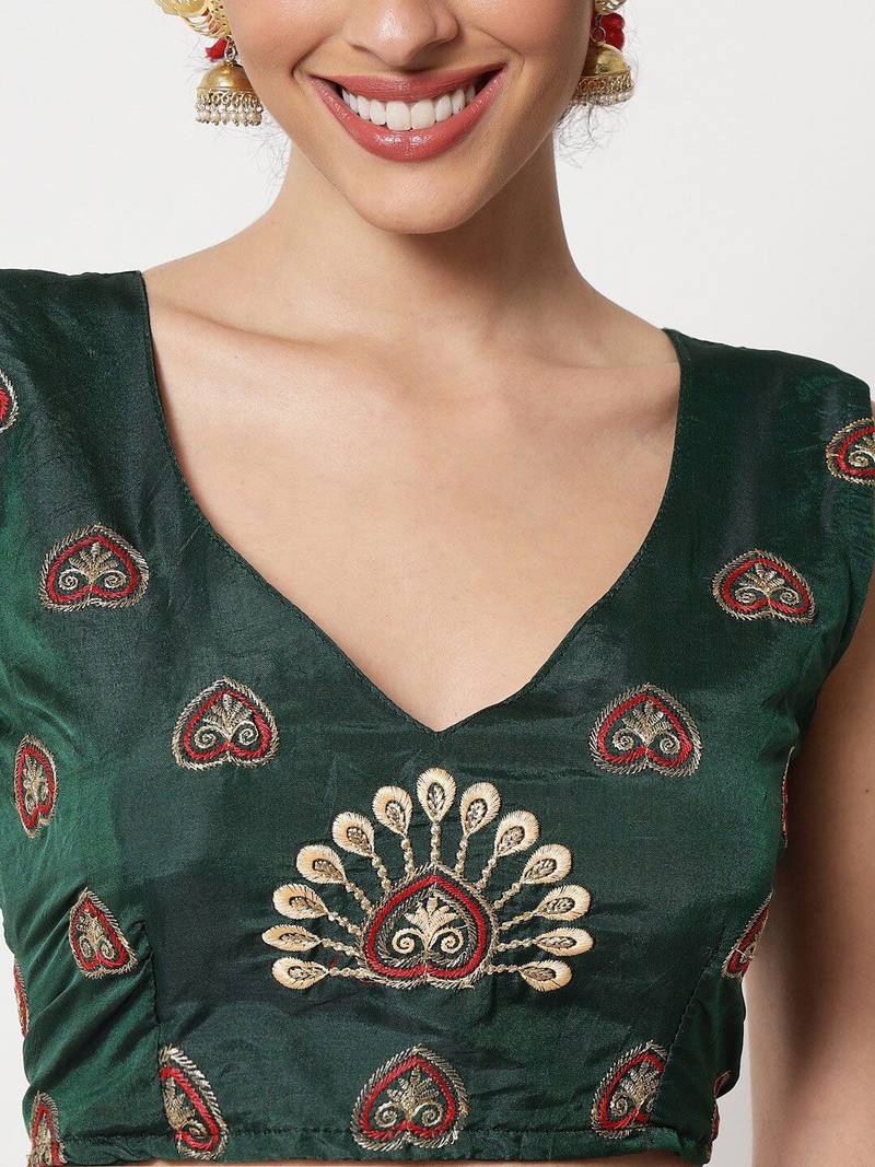 Green & Maroon Embroidered Thread Work Semi-Stitched Lehenga & Unstitched Blouse With Dupatta