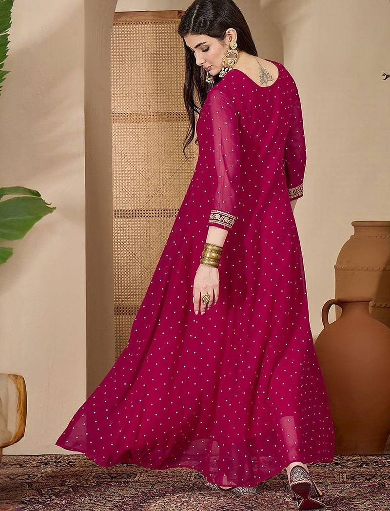 Women dark pink embroidered round neck georgette zari sequence dress