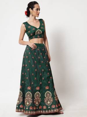 Green & Maroon Embroidered Thread Work Semi-Stitched Lehenga & Unstitched Blouse With Dupatta 4
