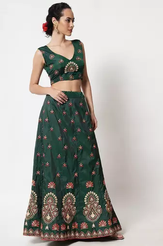 Green & Maroon Embroidered Thread Work Semi-Stitched Lehenga & Unstitched Blouse With Dupatta