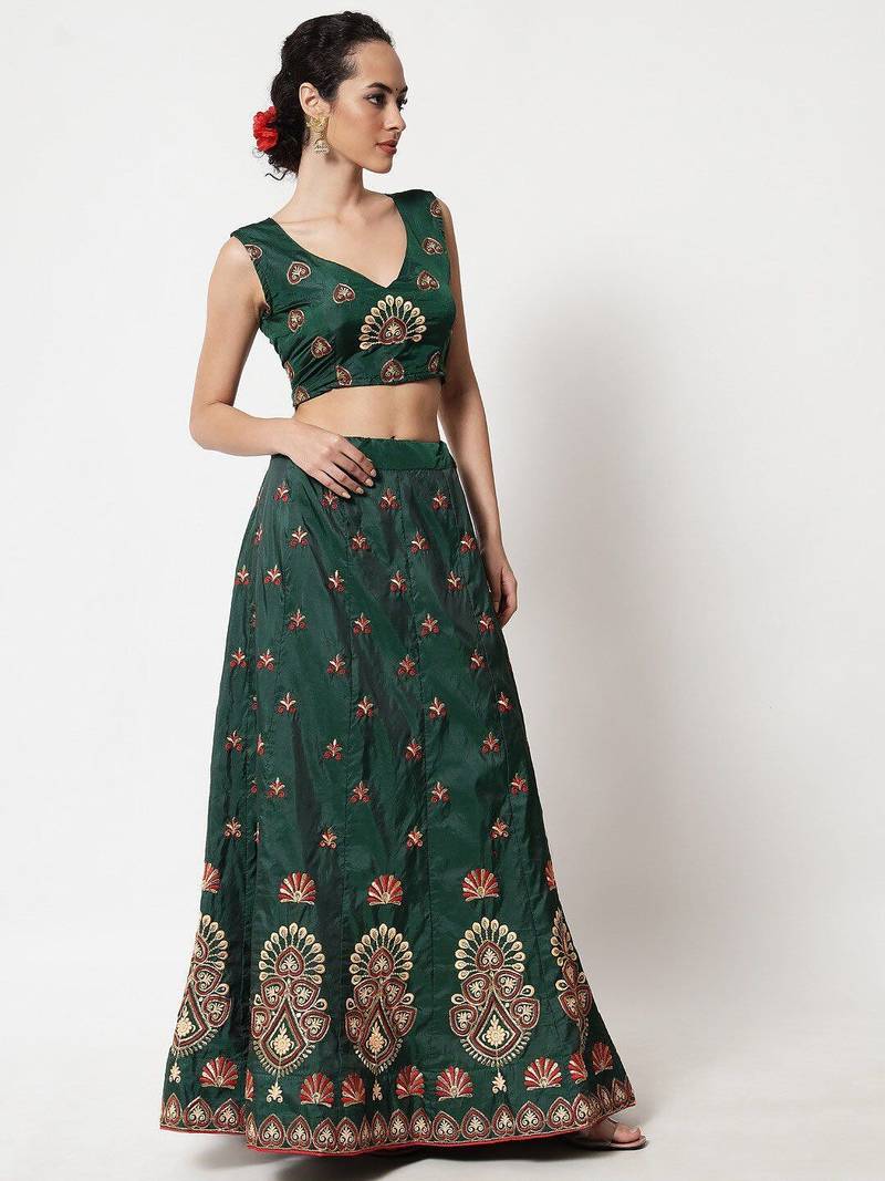 Green & Maroon Embroidered Thread Work Semi-Stitched Lehenga & Unstitched Blouse With Dupatta