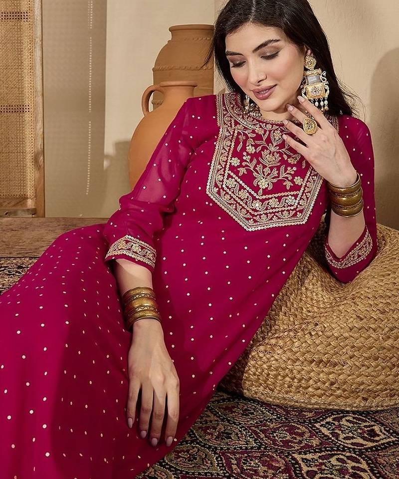 Women dark pink embroidered round neck georgette zari sequence dress