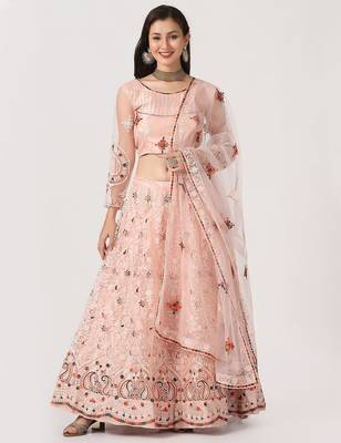 Pink & Maroon Embroidered Thread Work Tie and Dye Semi-Stitched Lehenga & Unstitched Blouse With 1