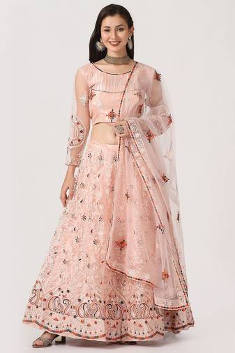 Pink & Maroon Embroidered Thread Work Tie and Dye Semi-Stitched Lehenga & Unstitched Blouse With