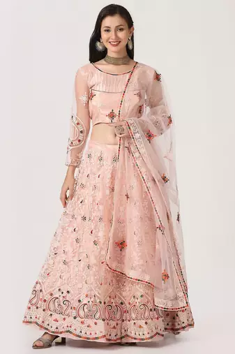 Pink & Maroon Embroidered Thread Work Tie and Dye Semi-Stitched Lehenga & Unstitched Blouse With