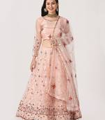 Pink & Maroon Embroidered Thread Work Tie and Dye Semi-Stitched Lehenga & Unstitched Blouse With