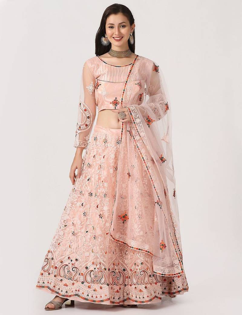 Pink & Maroon Embroidered Thread Work Tie and Dye Semi-Stitched Lehenga & Unstitched Blouse With