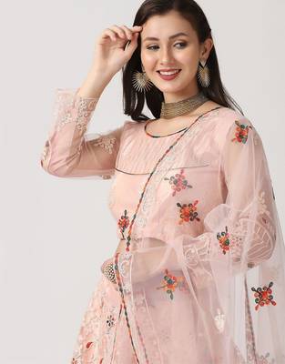 Pink & Maroon Embroidered Thread Work Tie and Dye Semi-Stitched Lehenga & Unstitched Blouse With 2